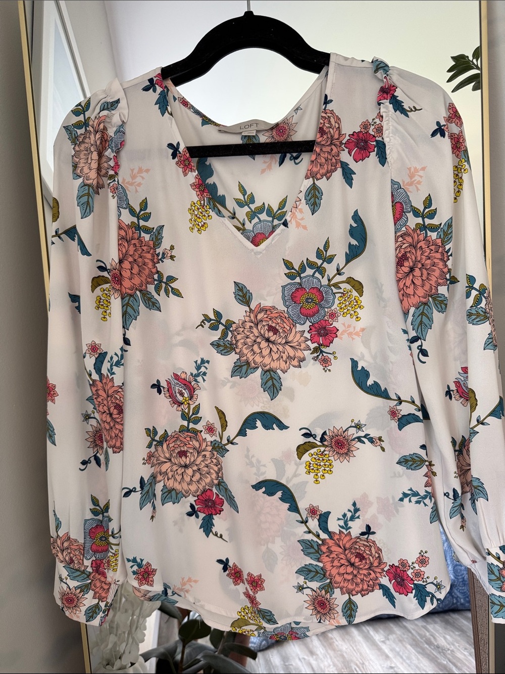 LOFT White Floral V-Neck Long Sleeve Blouse with Pink and Teal Blooms